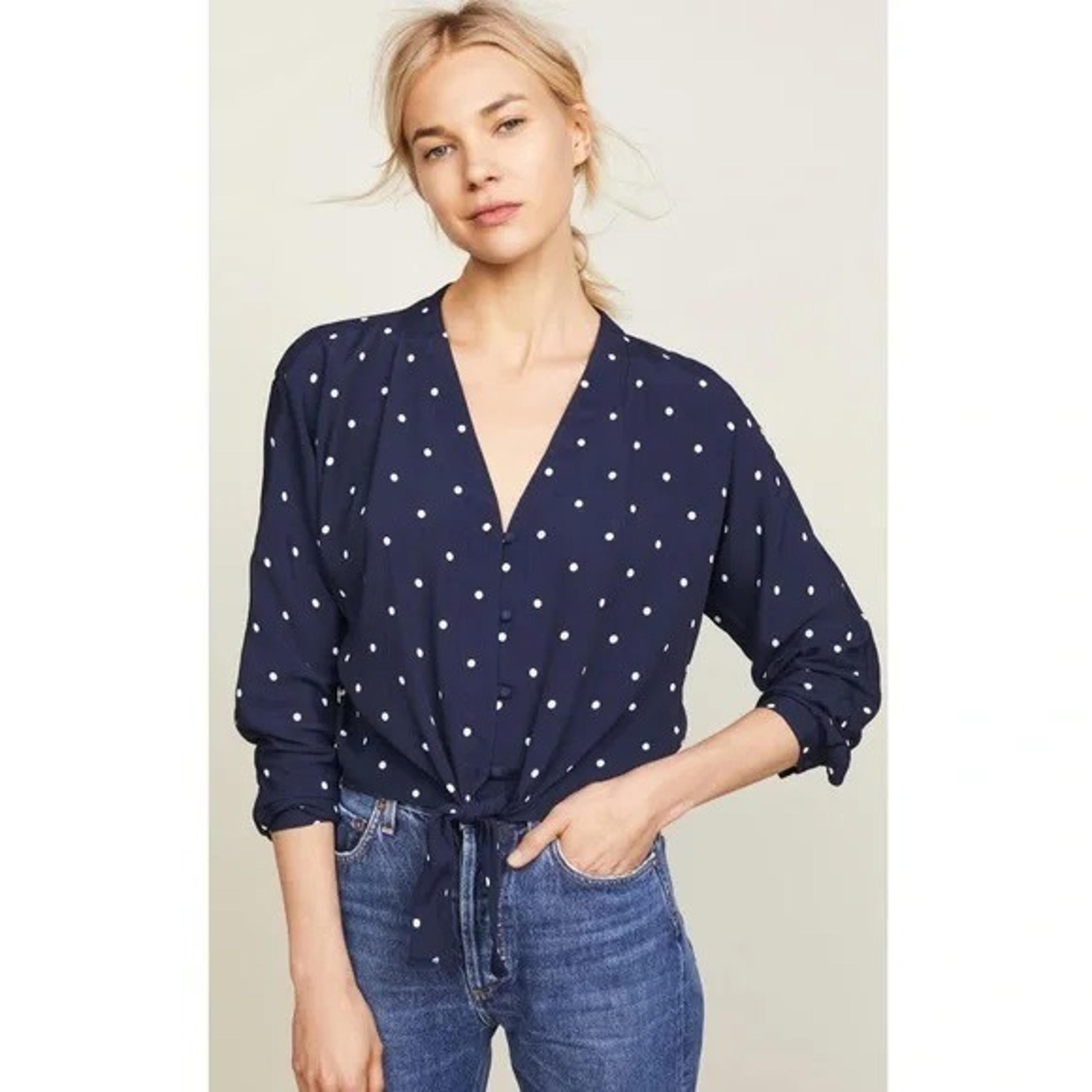Rails Sloane Tie-Front V-neck Blouse Top Navy Blue Polka Dot Print XS