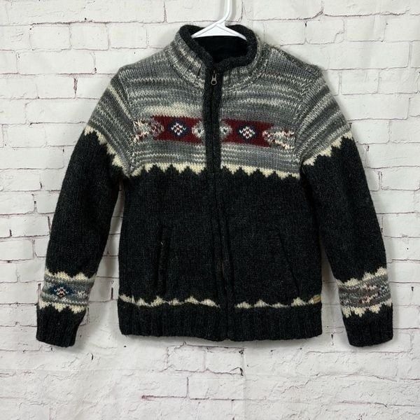 Laundromat Sweater Womens Large Cardigan Fair Isle Full Zip 100% Wool Gray