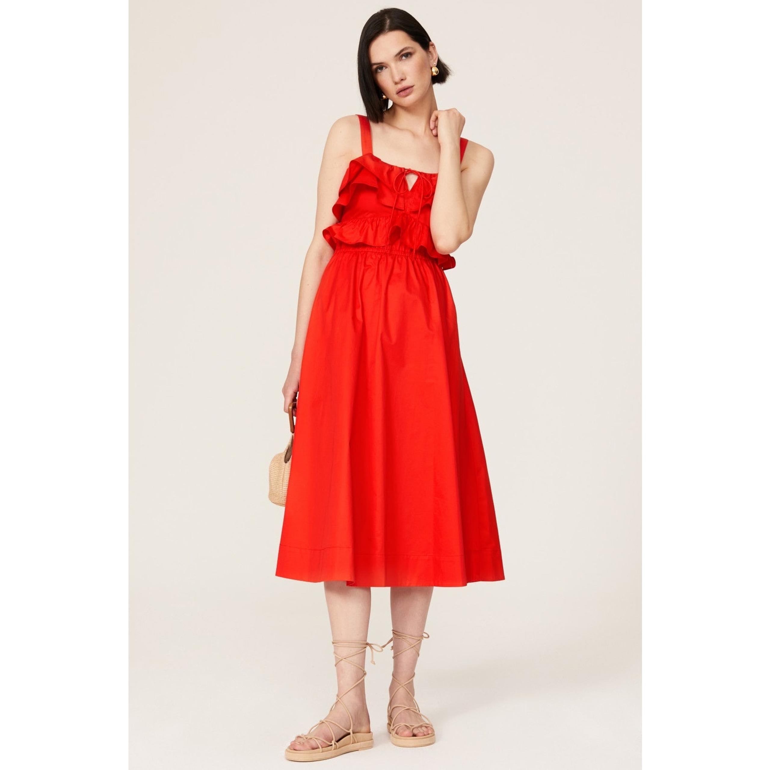 Solid Red Ruffled A-Line Sleeveless Square Neck Midi Dress Size 4 - Jason Wu