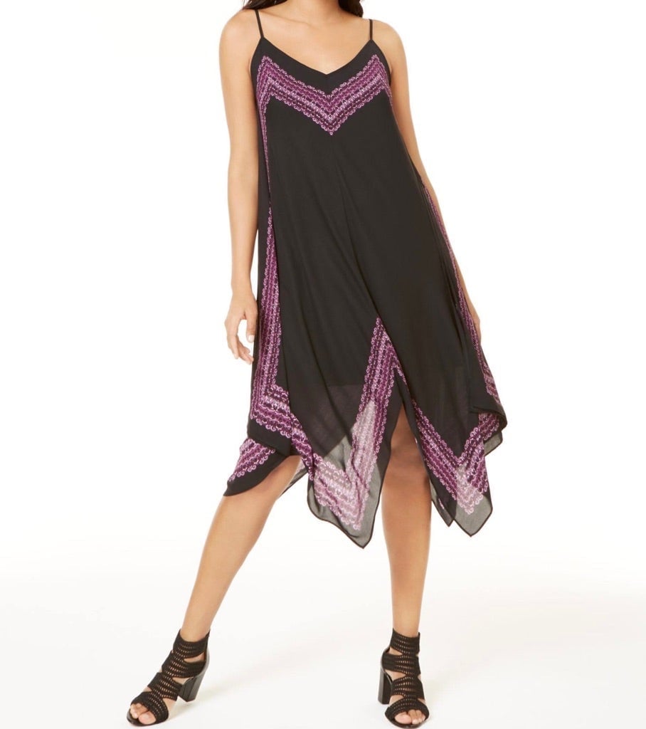 INC INTERNATIONAL CONCEPTS Black & Purple Handkerchief Midi Dress Medium