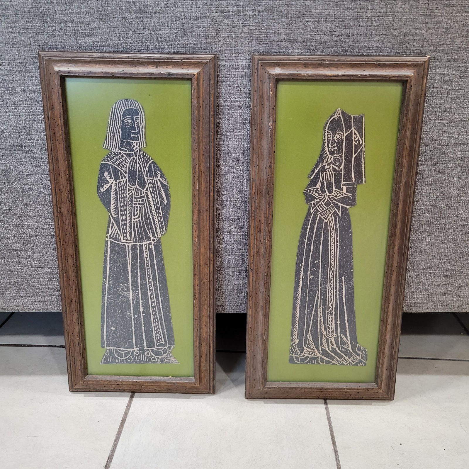 Vintage Pair MCM Medieval Brass Rubbing Framed