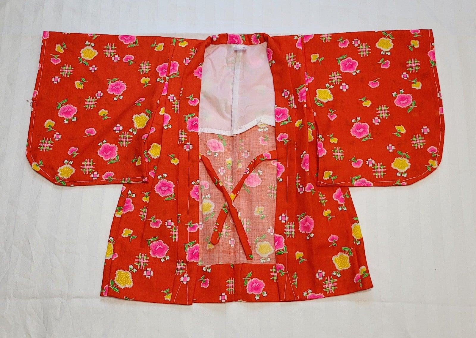 Vintage Japanese Child's Haori Jacket - Orange w/ Pink & Yellow Flowers Sz 5~6