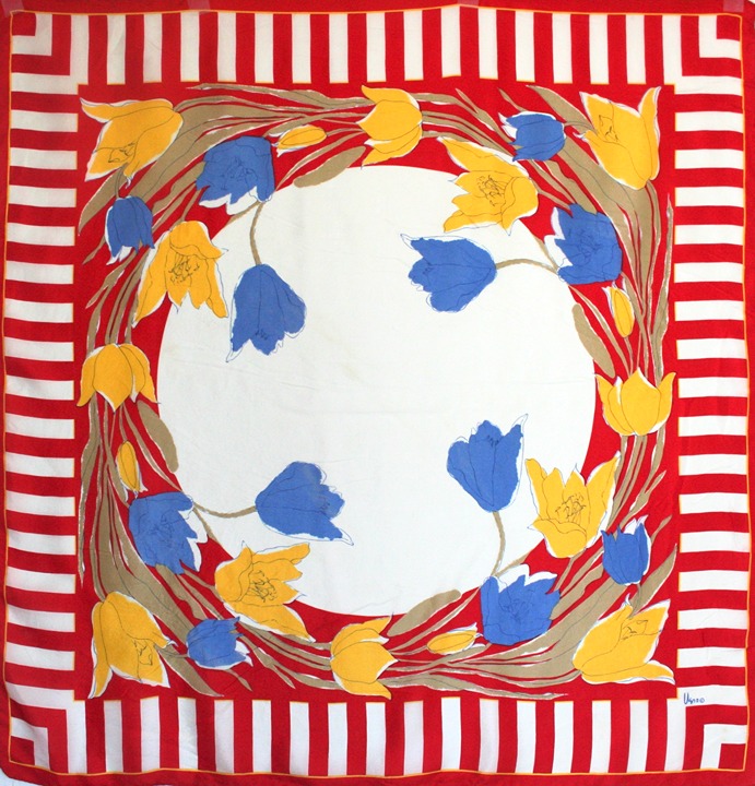 Vintage Vera Nuemann silk scarf large floral tulips primary colors red blue