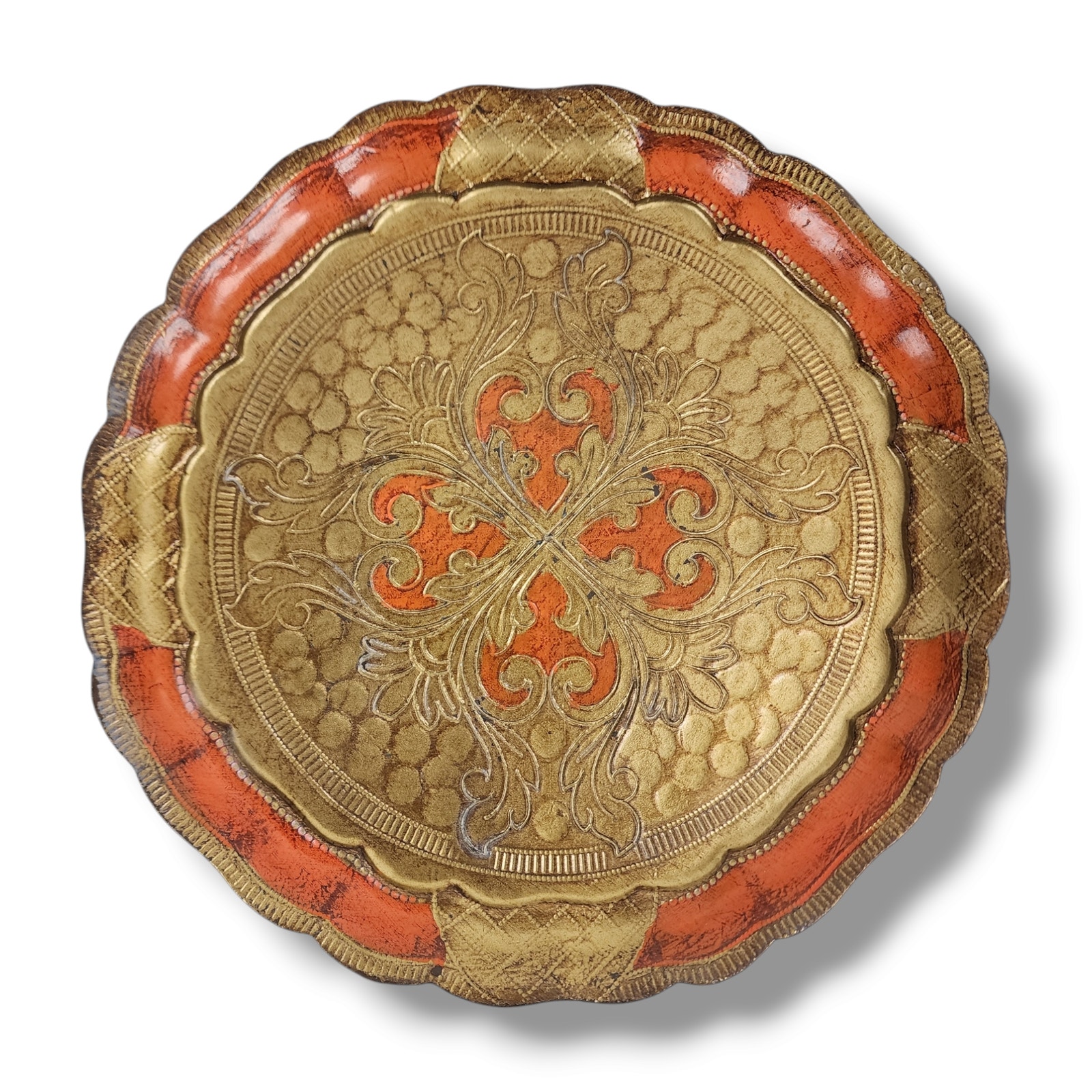Vintage Italian Florentine Serving Tray 9.5 Hand Painted Gilt Gold Orange Boho