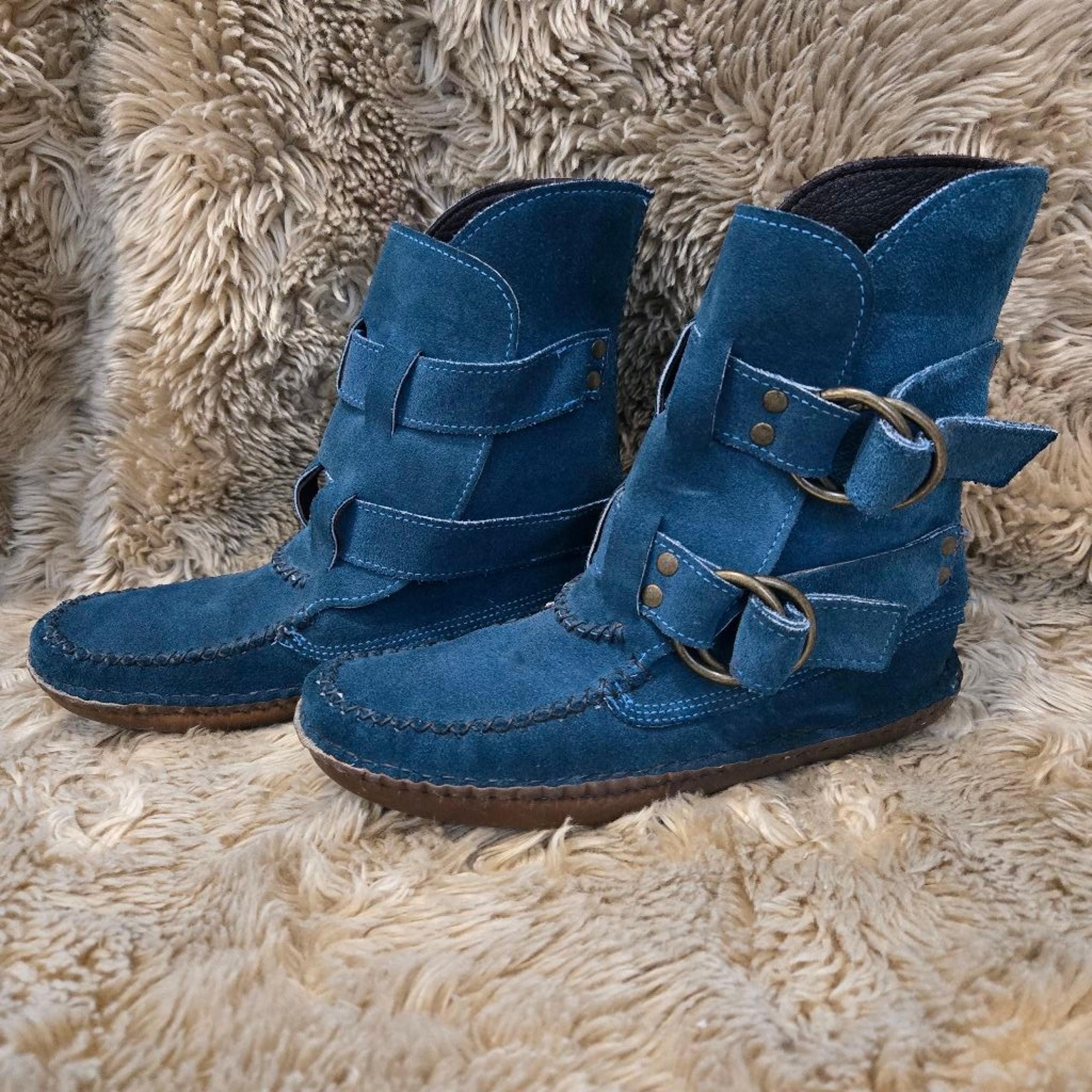 Quoddy Women's Size 8.5 Teal Blue Twin Strap Suede Ring Mule Ankle Boot Moccasin