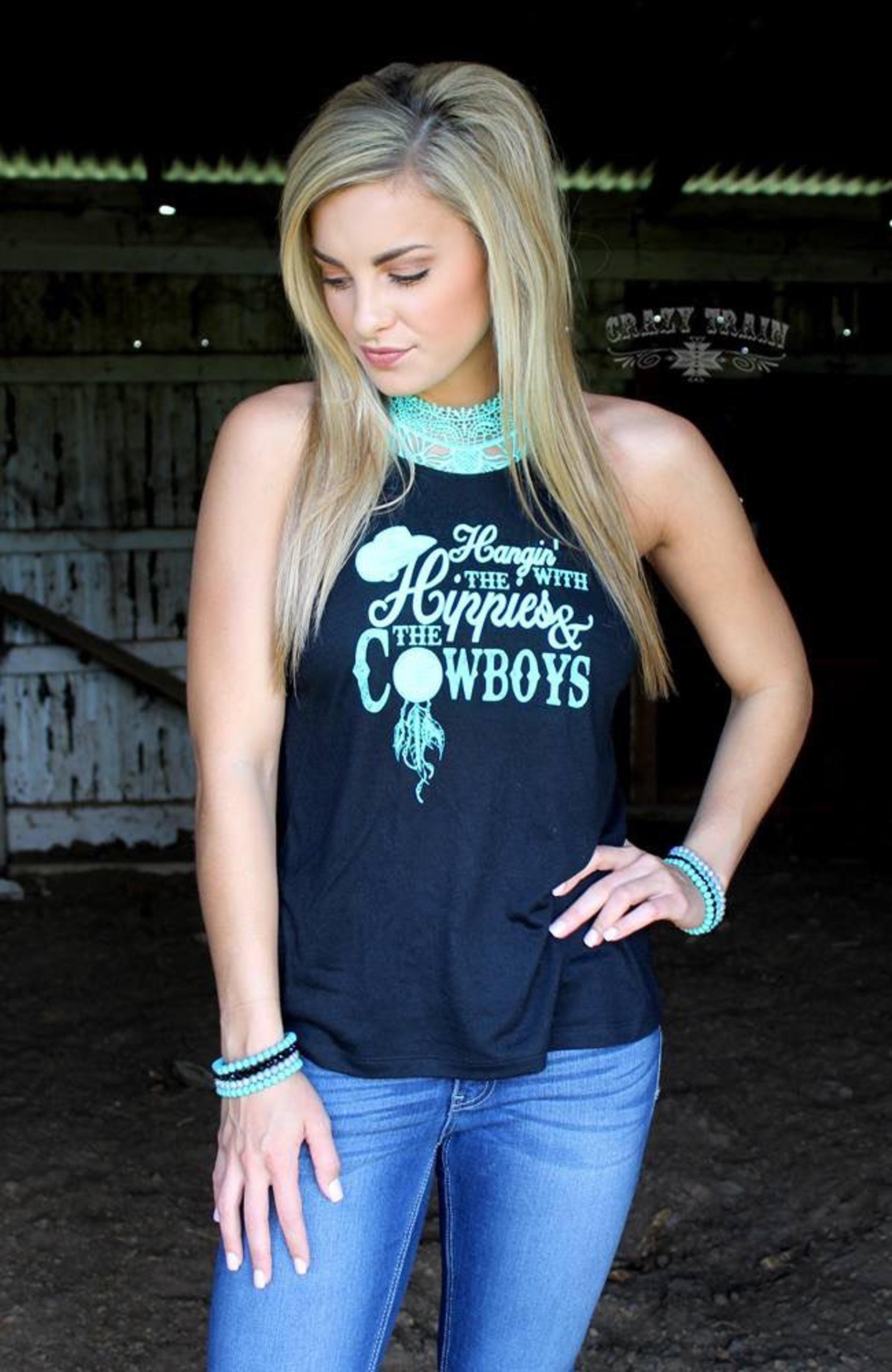 Crazy Train Hippies & Cowboys Black Tank