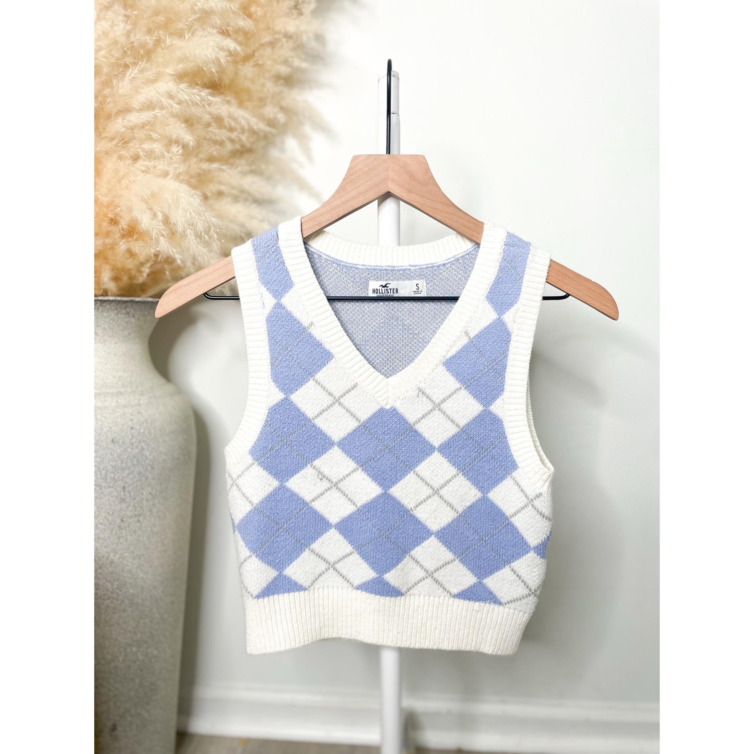 Hollister Argyle Sweater Vest Small Blue Cream V Neck Preppy Academia Twee Indie