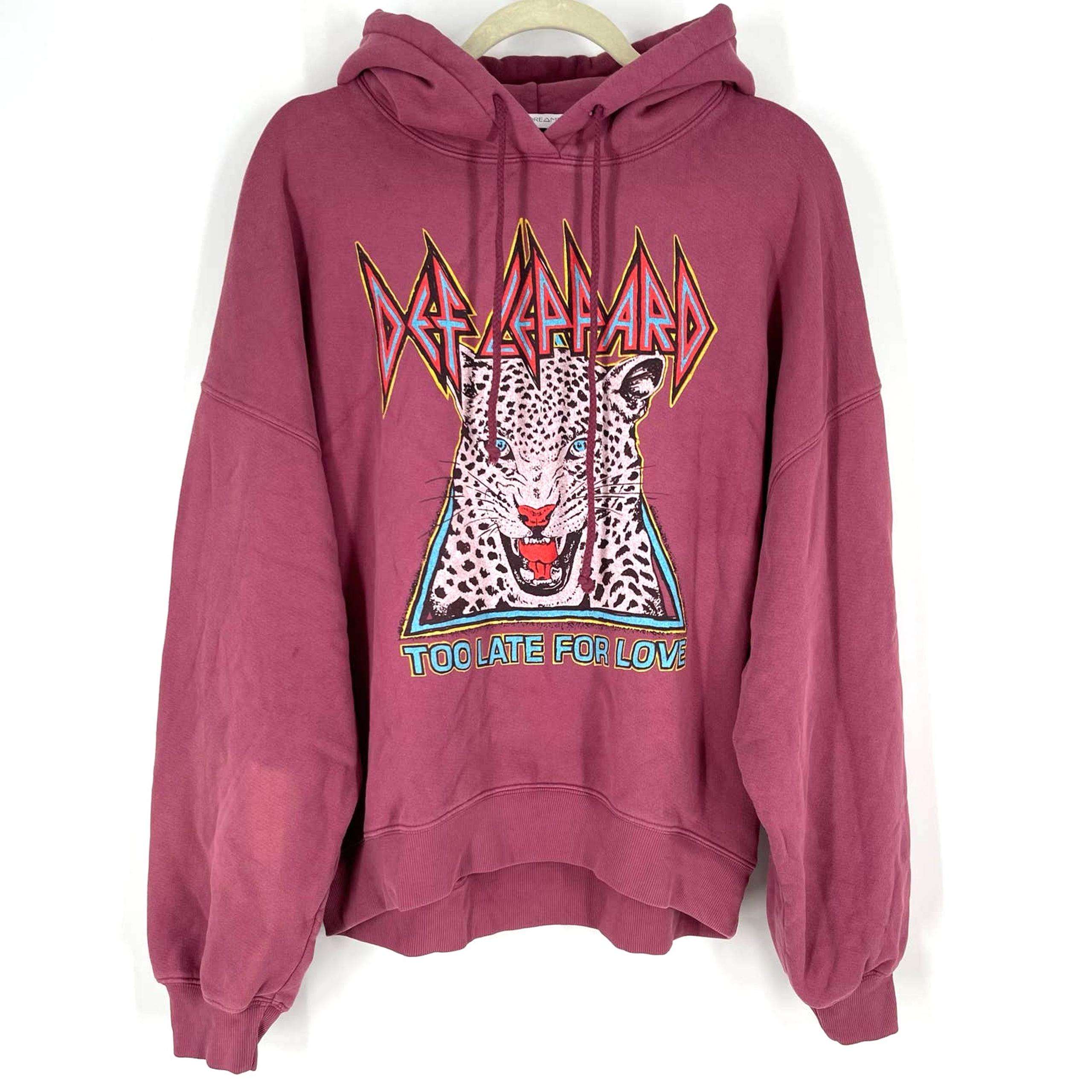 Daydreamer Def Leppard Too Late For Love Oversized Hoodie Sweatershirt Pink XS