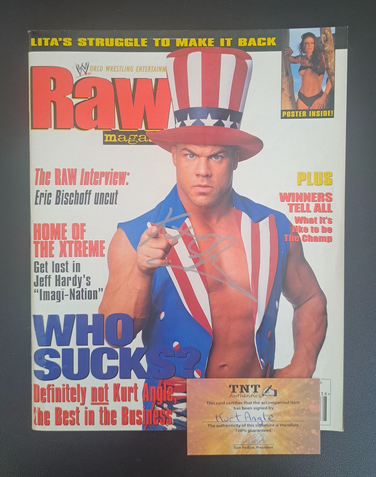 KURT ANGLE Signed/Autographed Vintage 2002 WWE Raw Magazine TNT COA Lita Poster