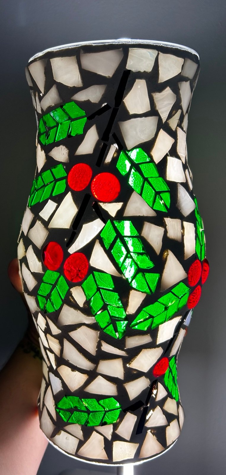 Set Of 2 Stained Glass Mosaic Christmas Holly Leaf Hurricane Candle Cover