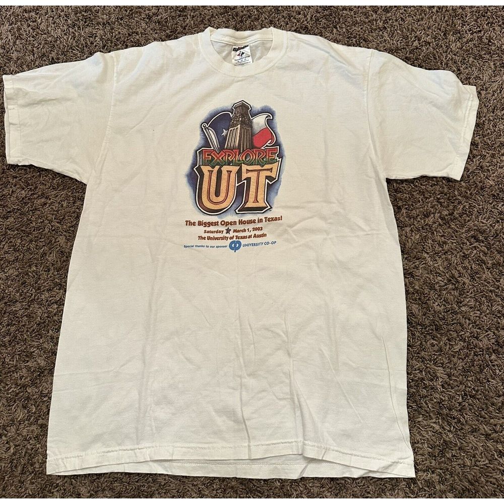 Vintage Y2K Jerzees 2003 Texas Explore UT Graphic T Shirt Open House Sz XL
