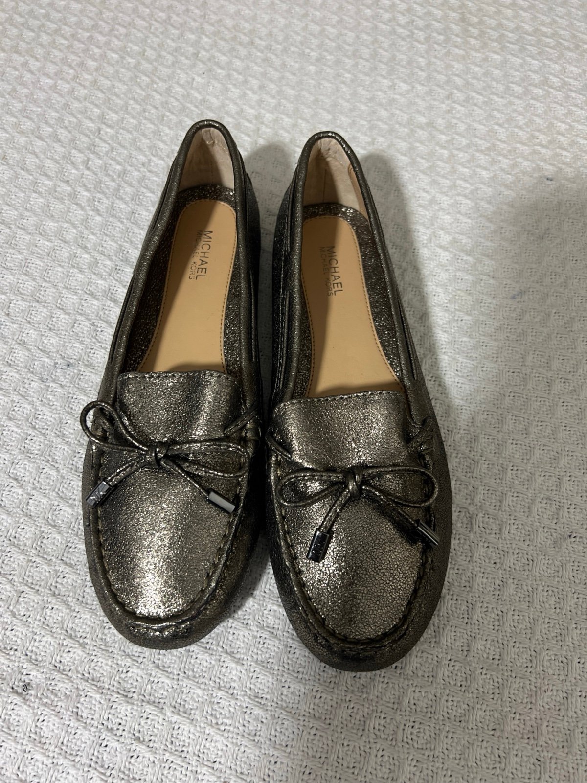 Michael Kors Daisy Moc Flats Metallic Nickel Loafers Leather Upper Size 7.5 M