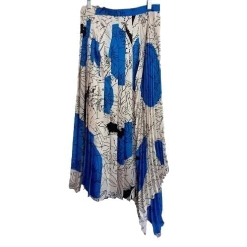 Zara Pleated Midi Skirt Sz M Zodiac Constellation Print Pool Blue Off White Sati