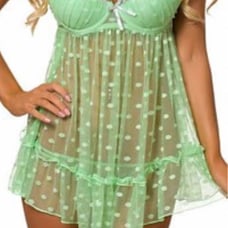 New Green Dotted Babydoll Lingere And Matching G-String Panties Size S