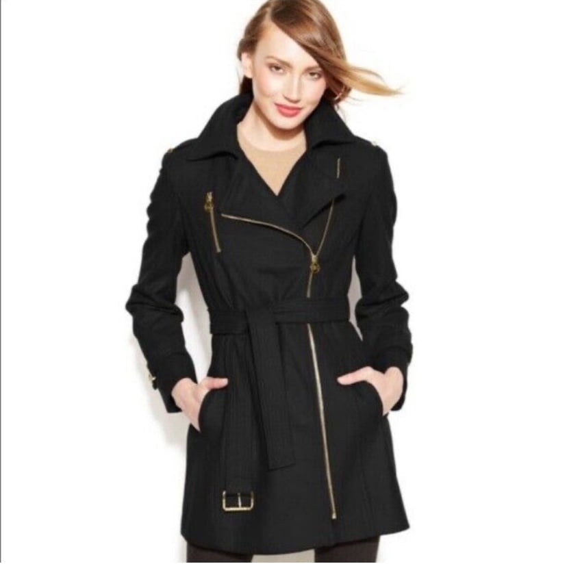 NWT Michael Kors Asymmetrical Zip Up Black & Gold Winter Pea Coat Women's SMALL
