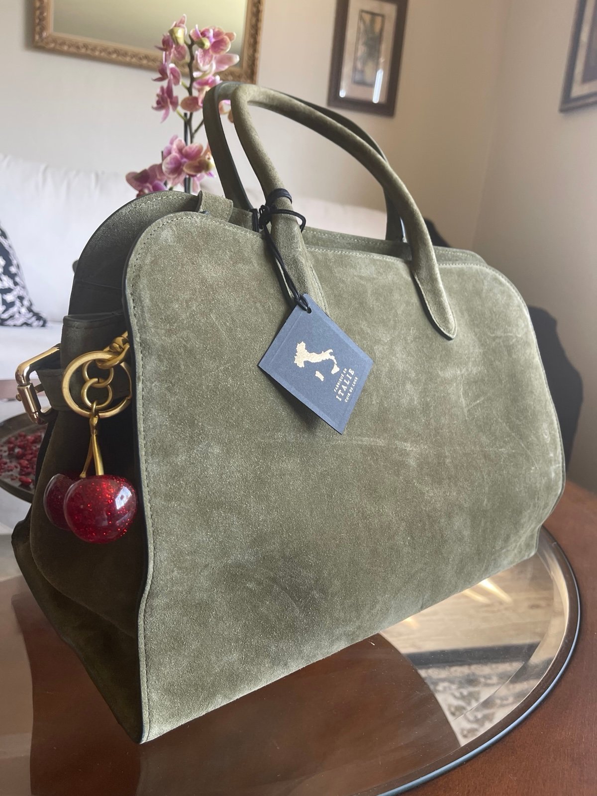 Claudia Firenze viral suede bag satchel with cherry charm! New with tags ! Green