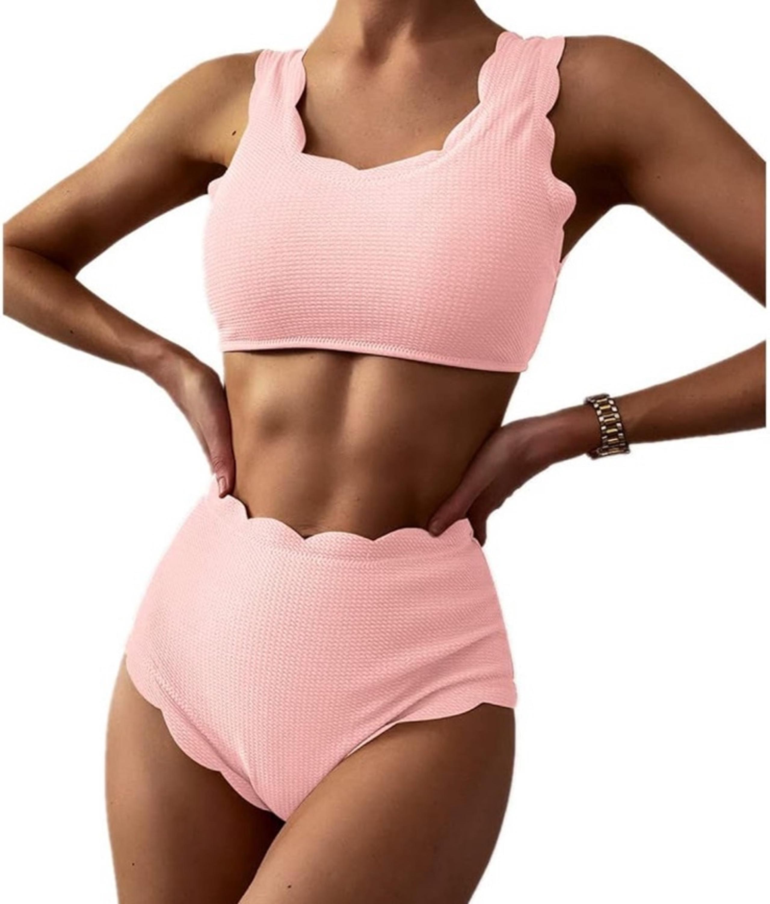 ZAFUL Women's Scalloped Textured High Waisted Bikini Scoop Neck Lace Up Tankini