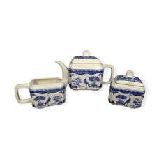 Vintage Wade Blue & White Crane Pattern Lidded Teapot Creamer Lidded Sugar