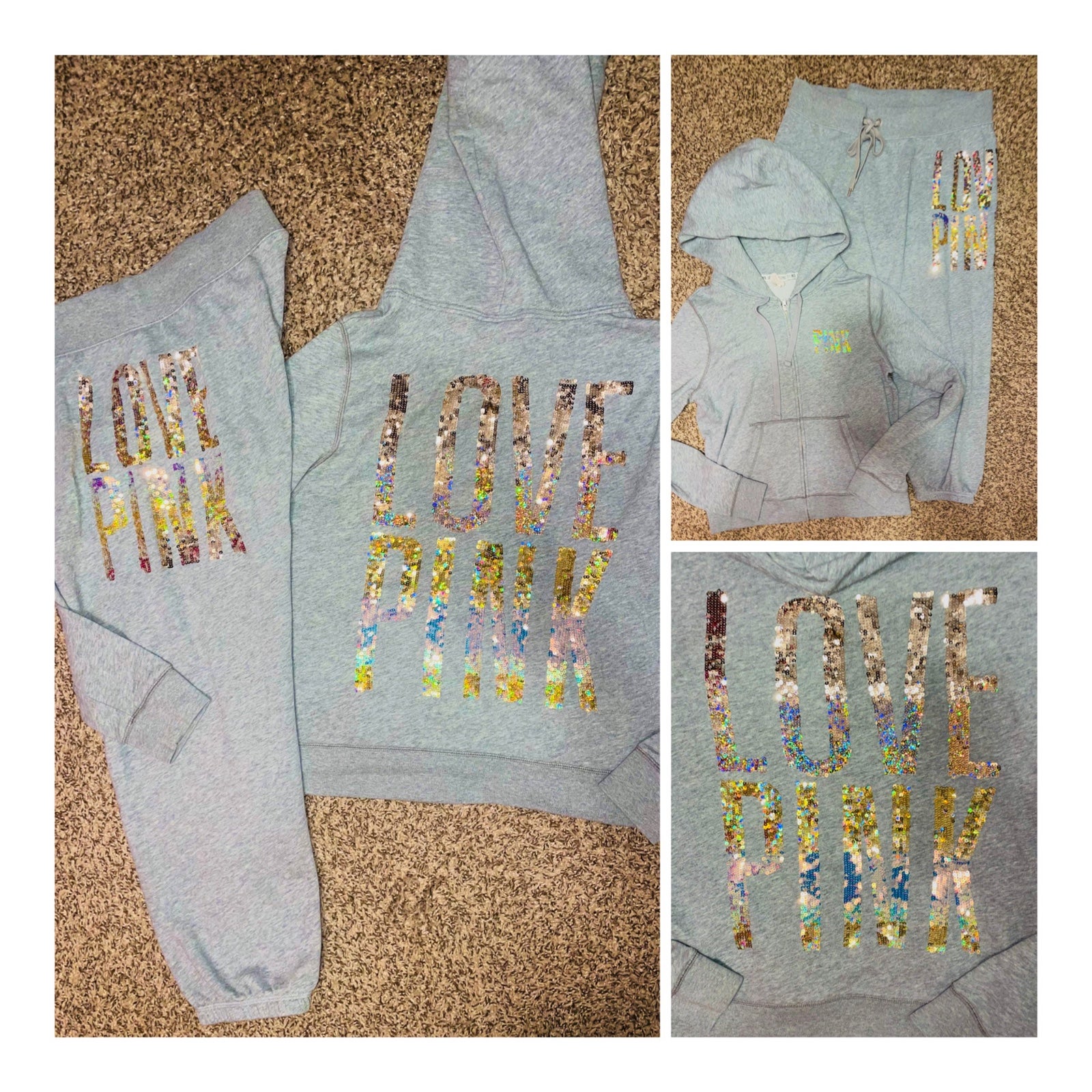 VS PINK vintage holographic sequin bling jogger pants zip hoodie outfit set