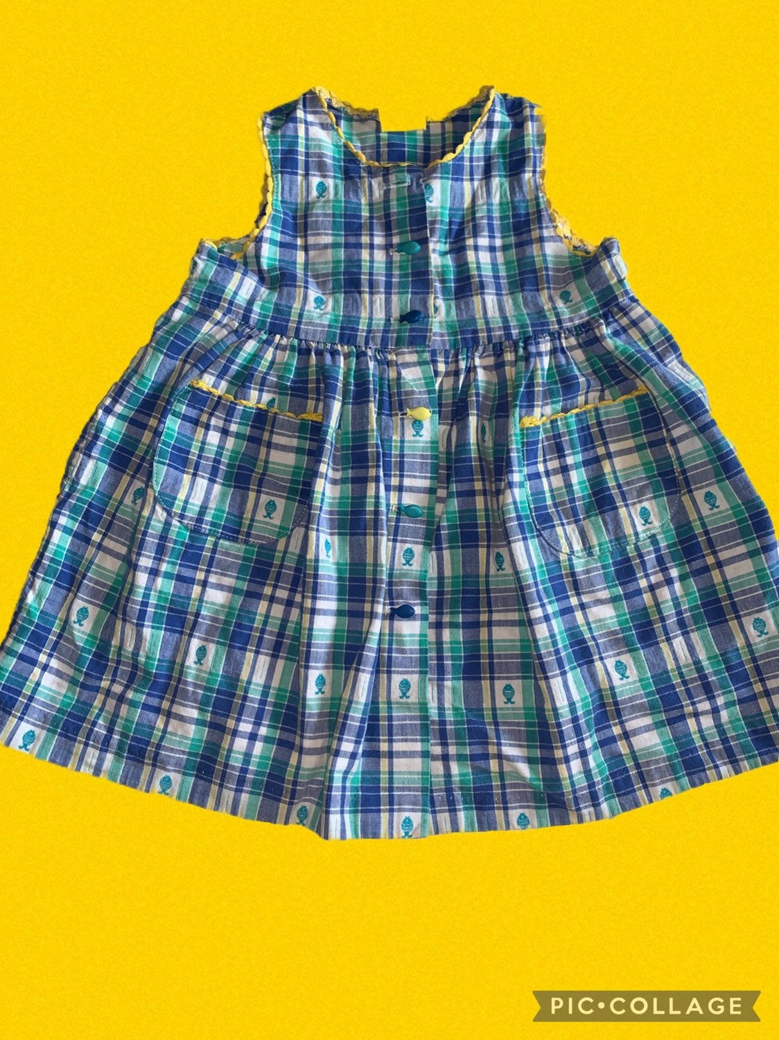 Vintage Petes Partner Blue Plaid Fishing Dress Little Girls 90's 3T USA