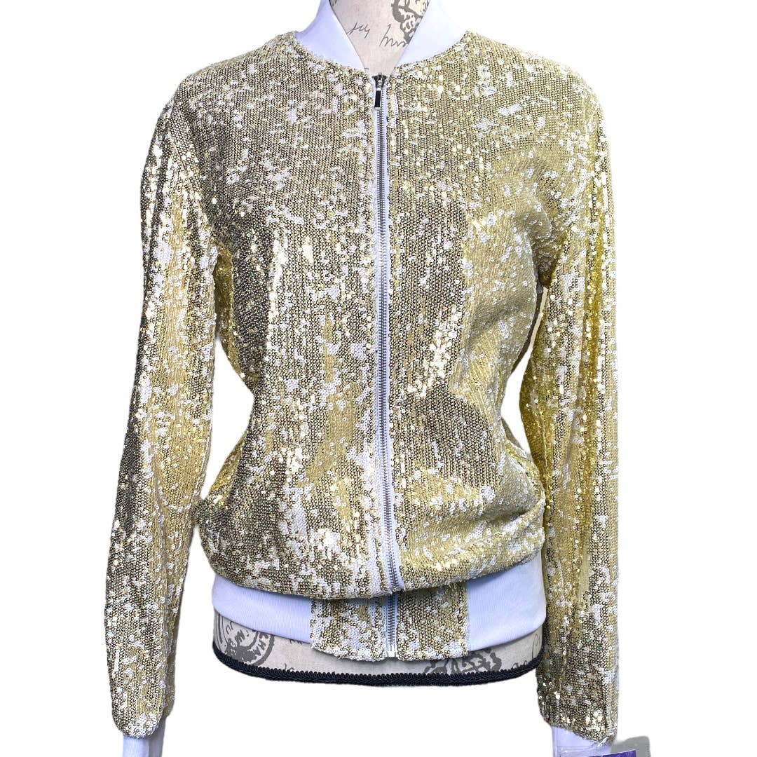 NWT Gold & White Sequin Bomber Jacket Zip Up Ribbed size Small by Blu Martini