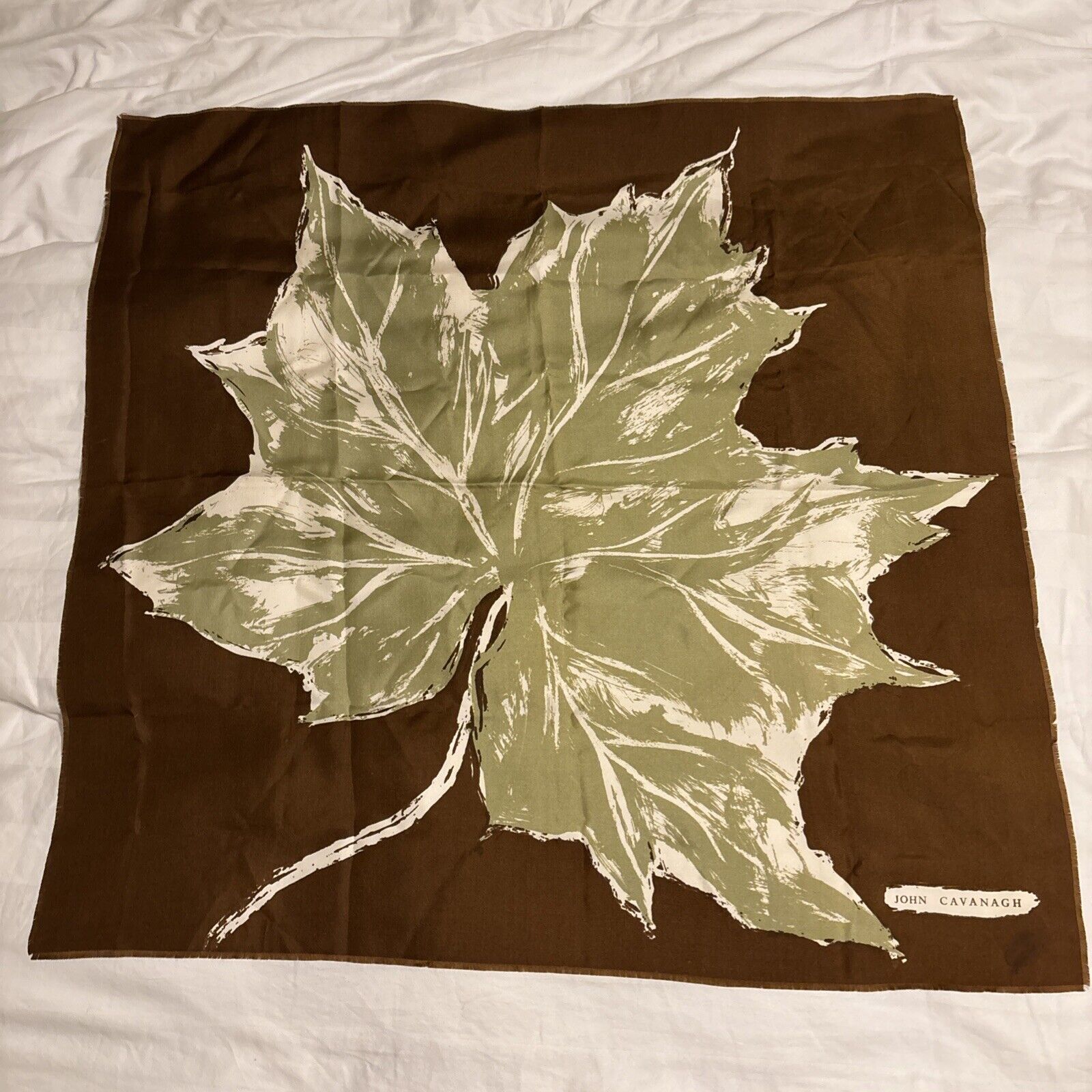 John Cavanagh Silk Scarf Square Leaf Brown Green Image 32” X 33”