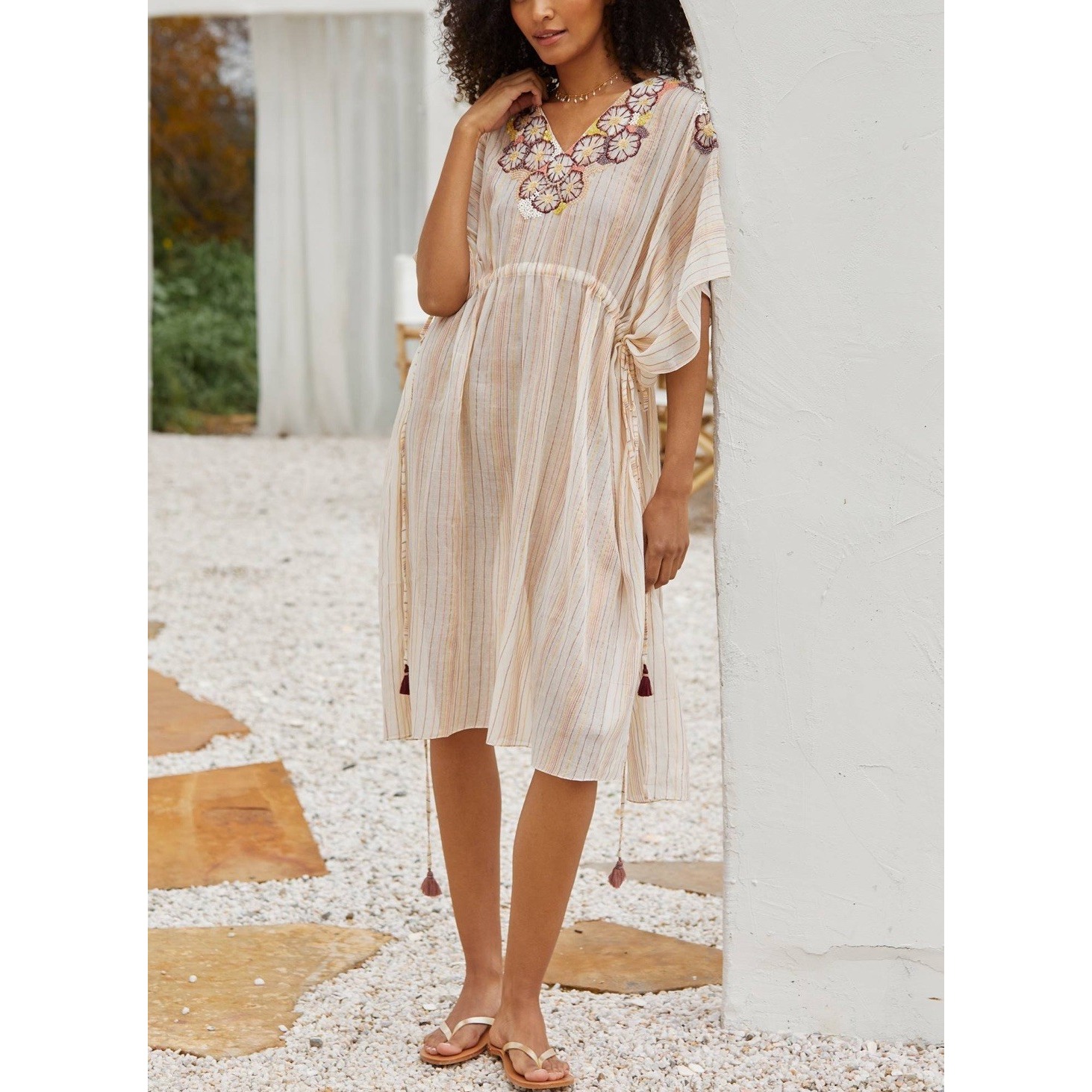 Anthropologie DUET Kaftan Women's One Size Embroidered Beach Swim Cover Dress