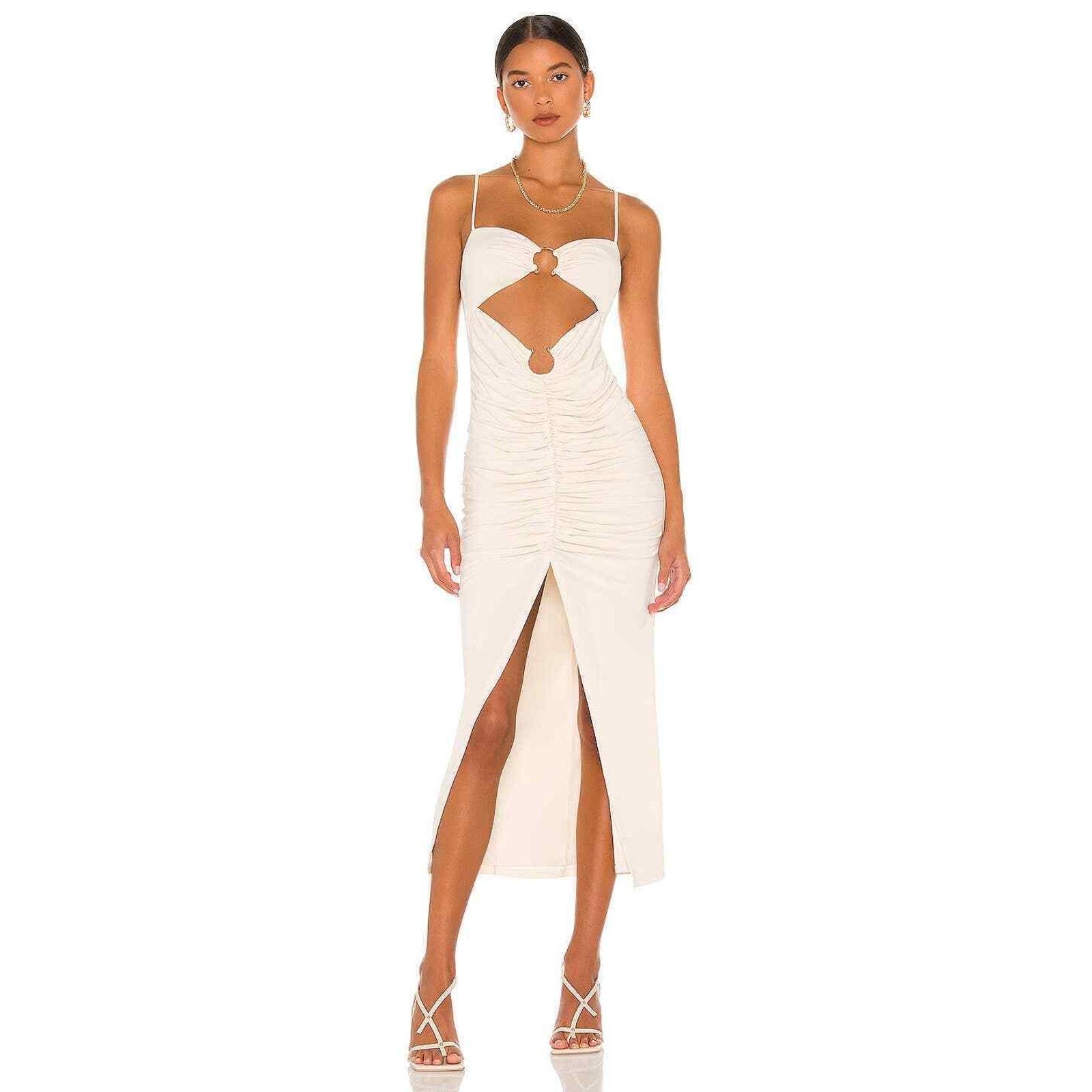 Camila Coelho Yasmeen Midi Dress Cream Jersey Metallic Rings Ruched Sz L
