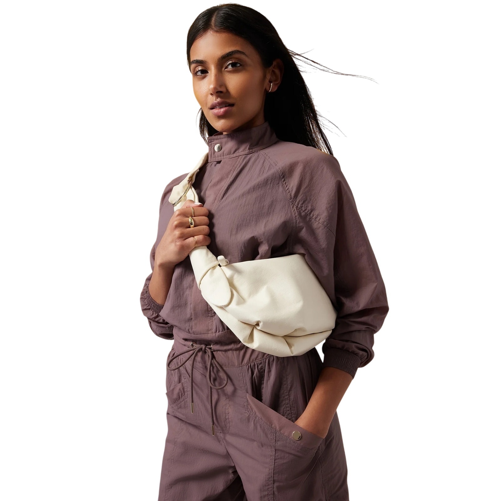 Athleta x Alicia Keys Structured Crinkled Faux Leather Sling Bag - Cream