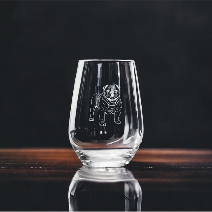 Bulldog Stemless Wine Glasses x4 Premium 15 Oz Personalize Dog Pet Animal NEW