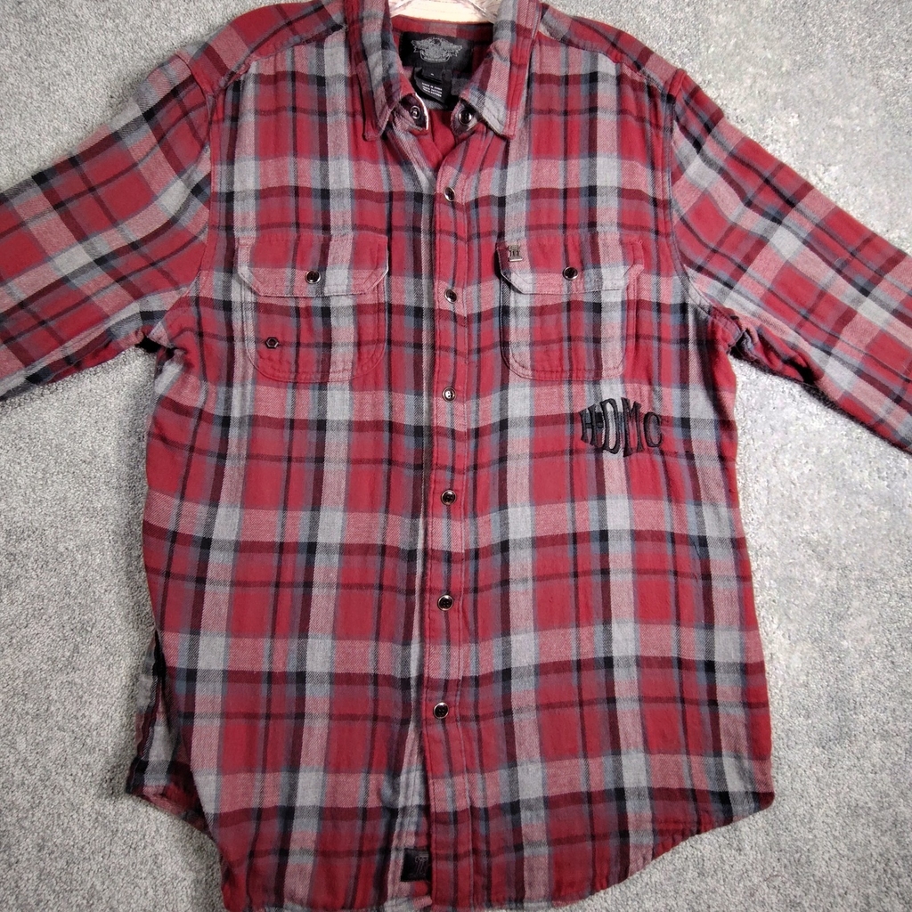 Harley Davidson HD Long Sleeve Button Flannel Shirt Red Plaid Men Sz L Pocket