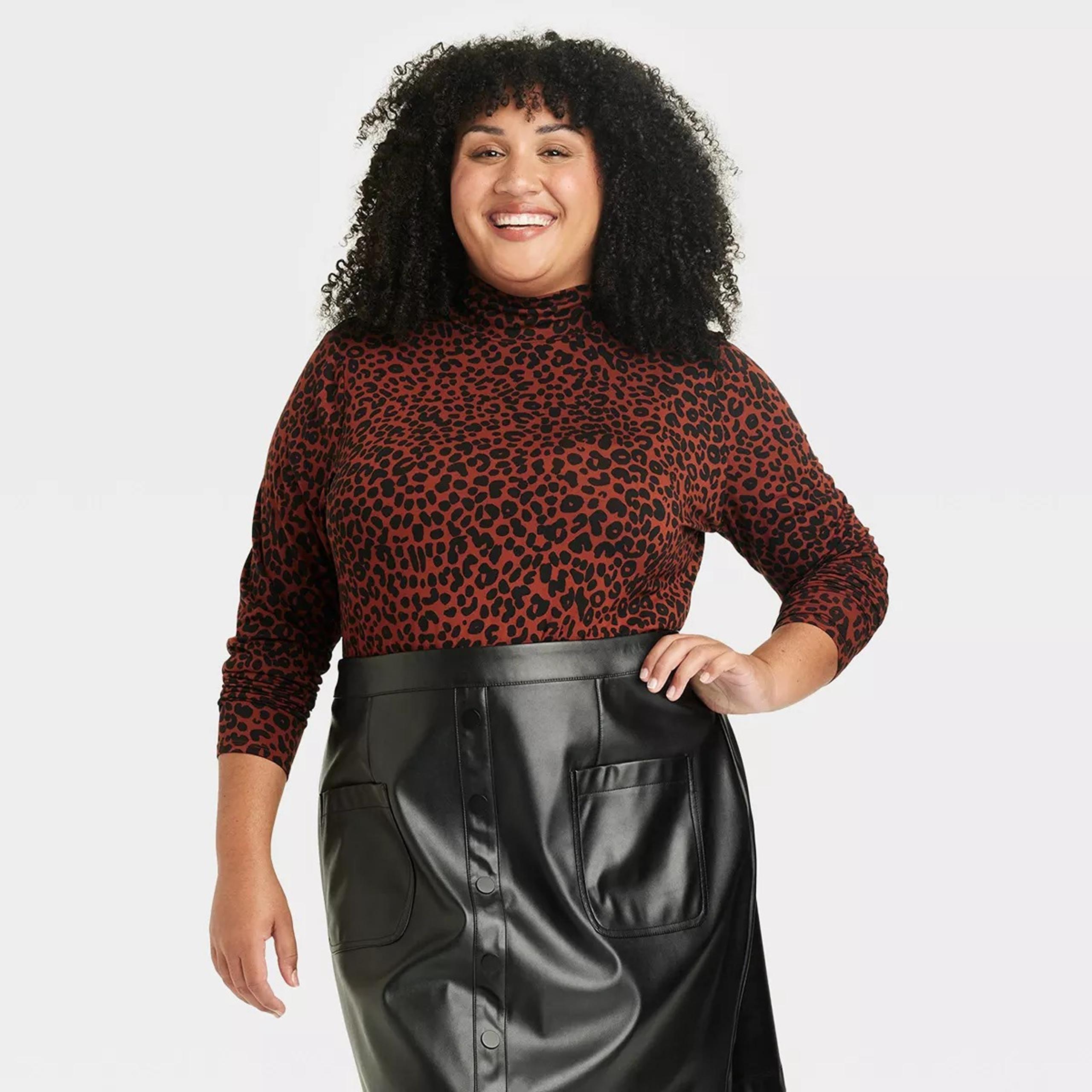 Ava & Viv Women's Animal Print Mock Turtleneck T-Shirt Long Sleeve Plus Size 1X
