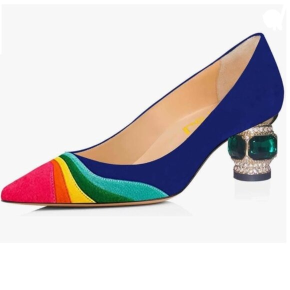 FSJ Blue Suede Bridal Pointed Toe Chunky Low Heel Crystal Pumps Slip on Shoes