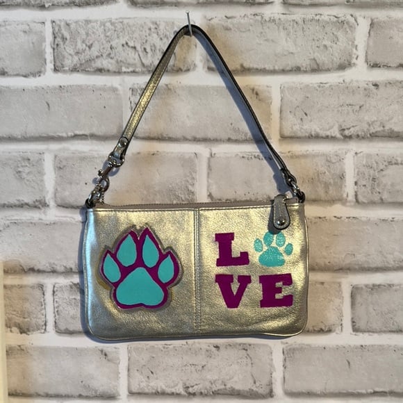 Coach Silver Wristlet Clutch with Metallic Finish hand painted LOVE PAW PRINT