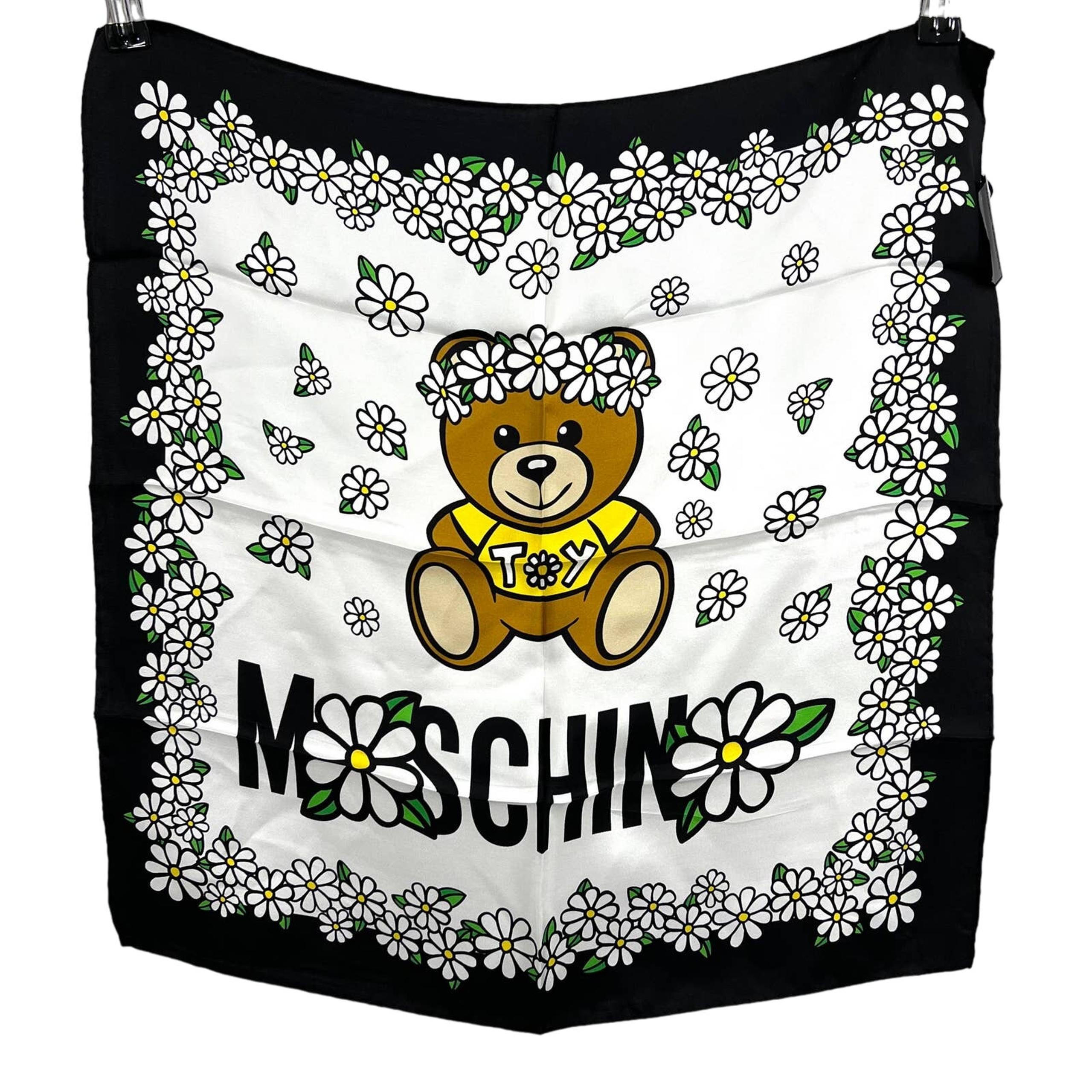 Moschino Bear Daisy Silk Square Scarf Black Made in Italy