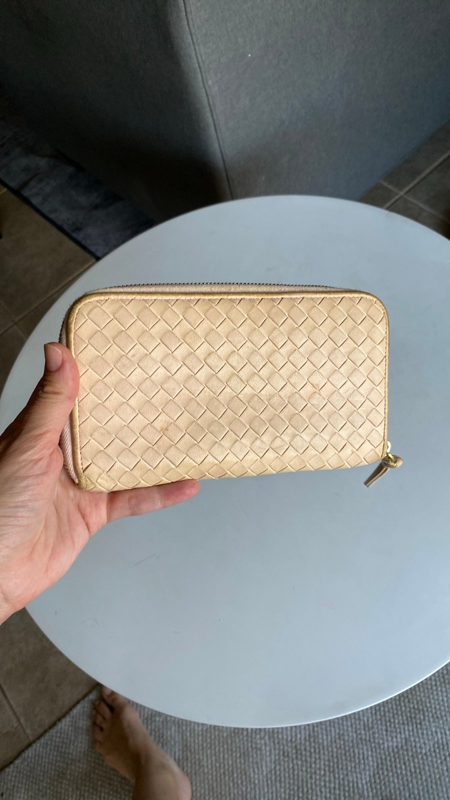 Authentic Bottega Veneta Intrecciato Cream Zip Around Long Wallet