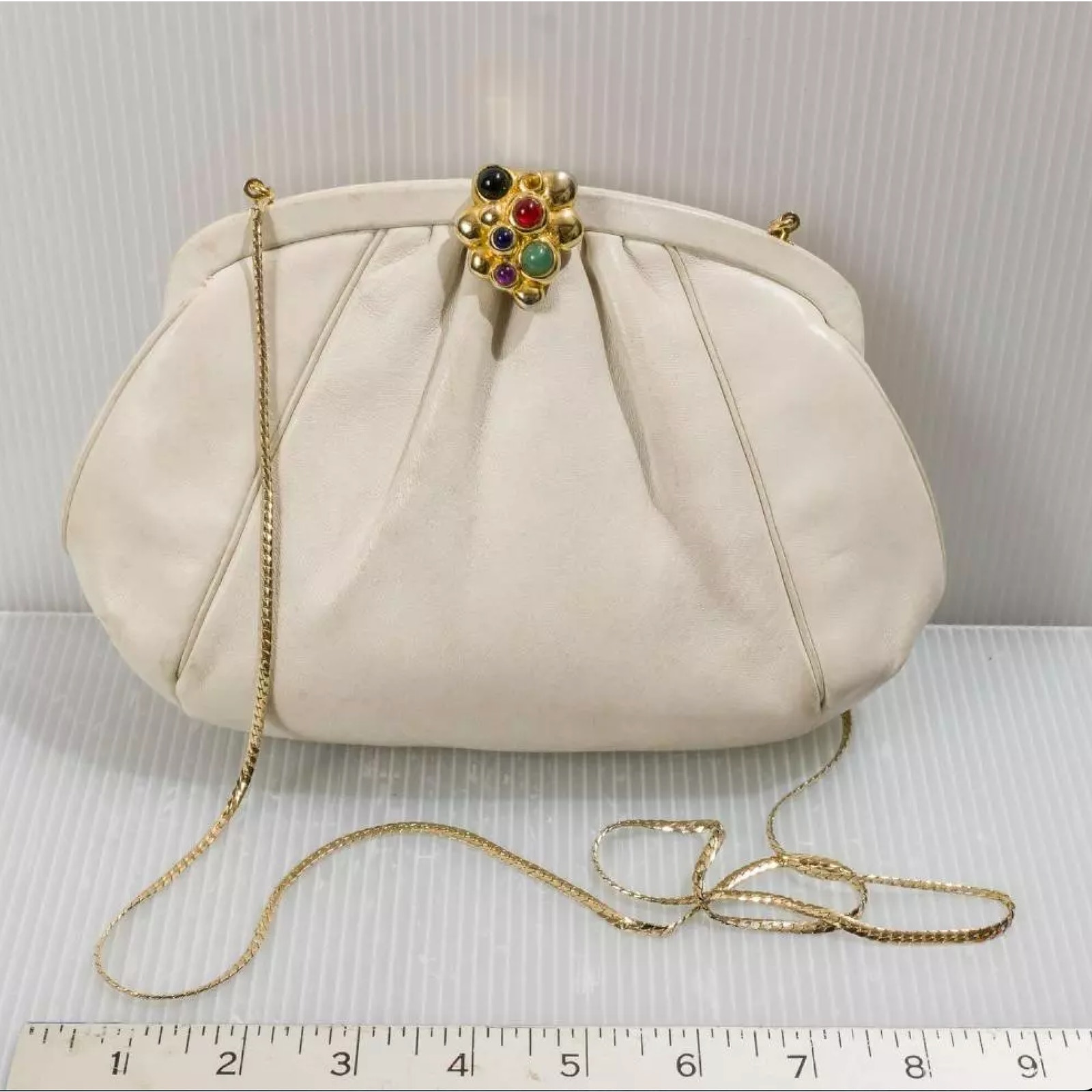 Judith Leiber Bag Cream Leather Gemstones Snap Top