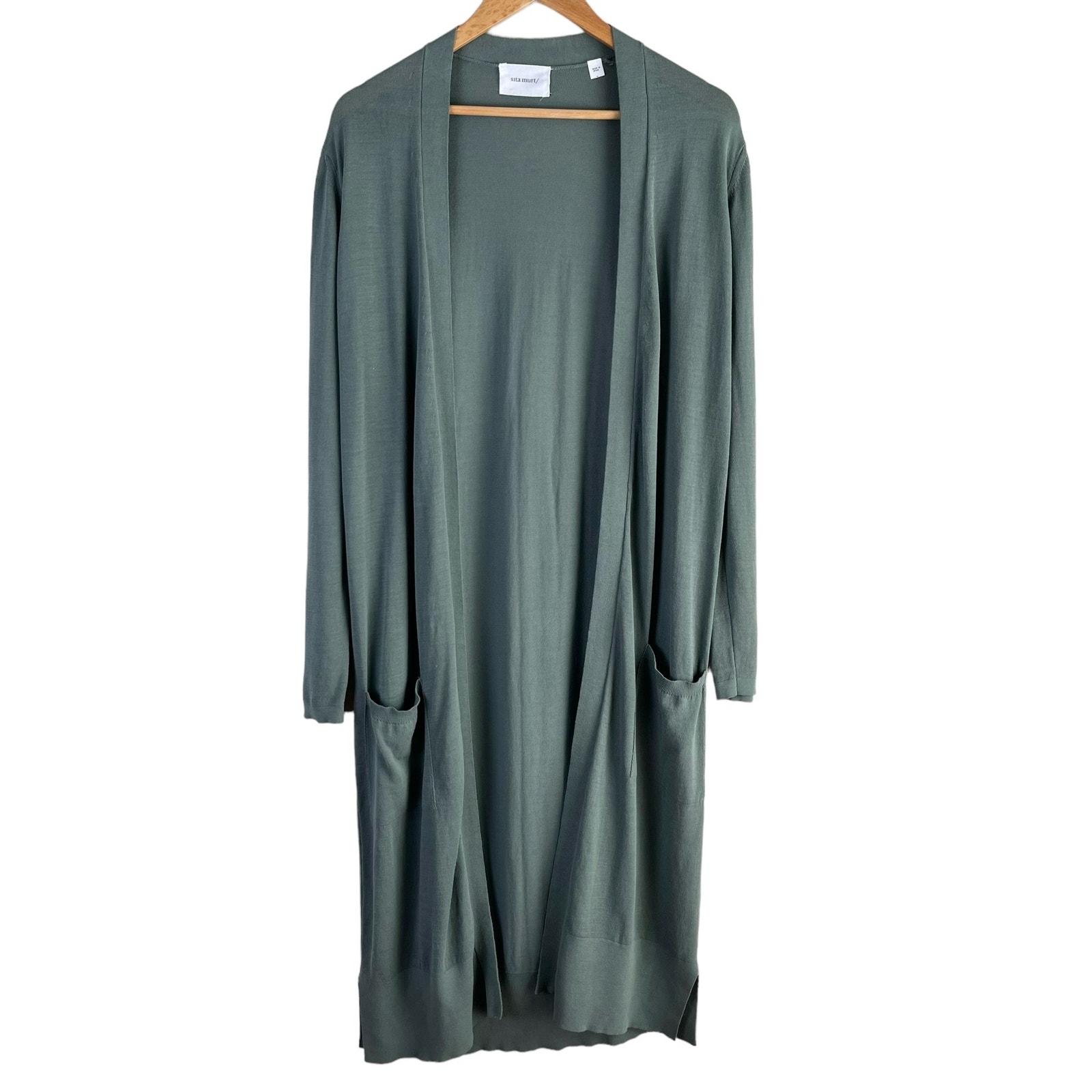 Sita Murt Long Cardigan in sage Green Lightweight 100% Cotton, Size EU 40 / US 8