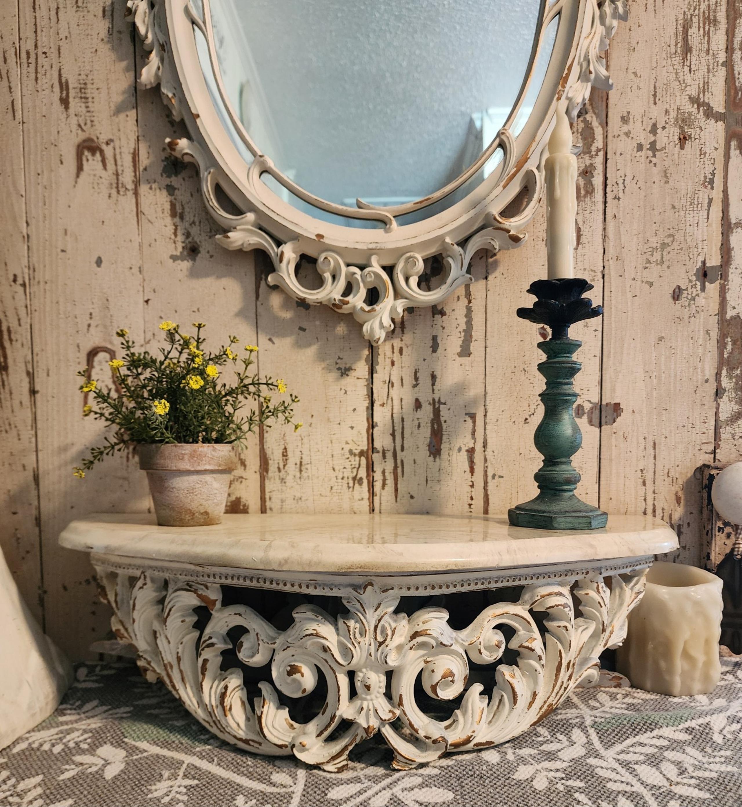 ❣️White Chippy Distressed Ornate Mirror & Marble Top Shelf ❣️Syroco USA 3911❣️