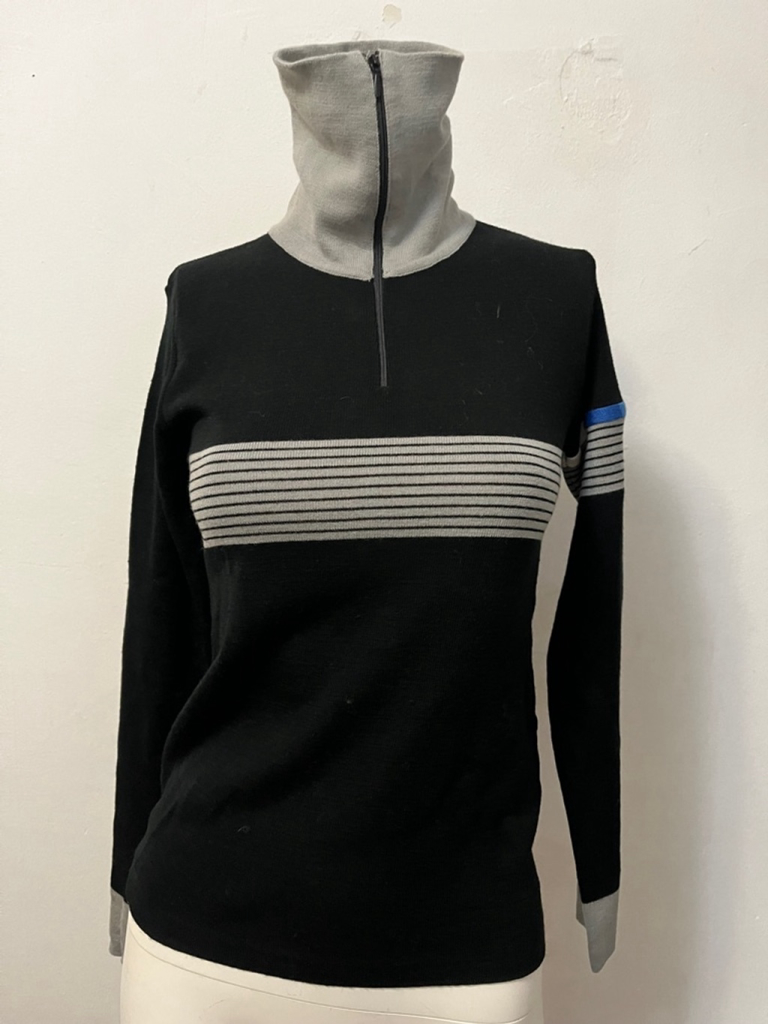 Vintage 80s PRE Mod Stripe Preppy zipper turtleneck Sweater Size S Black Gray
