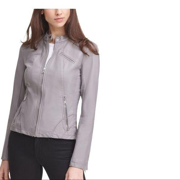 Guess Women Faux Leather Gray Moto Jacke