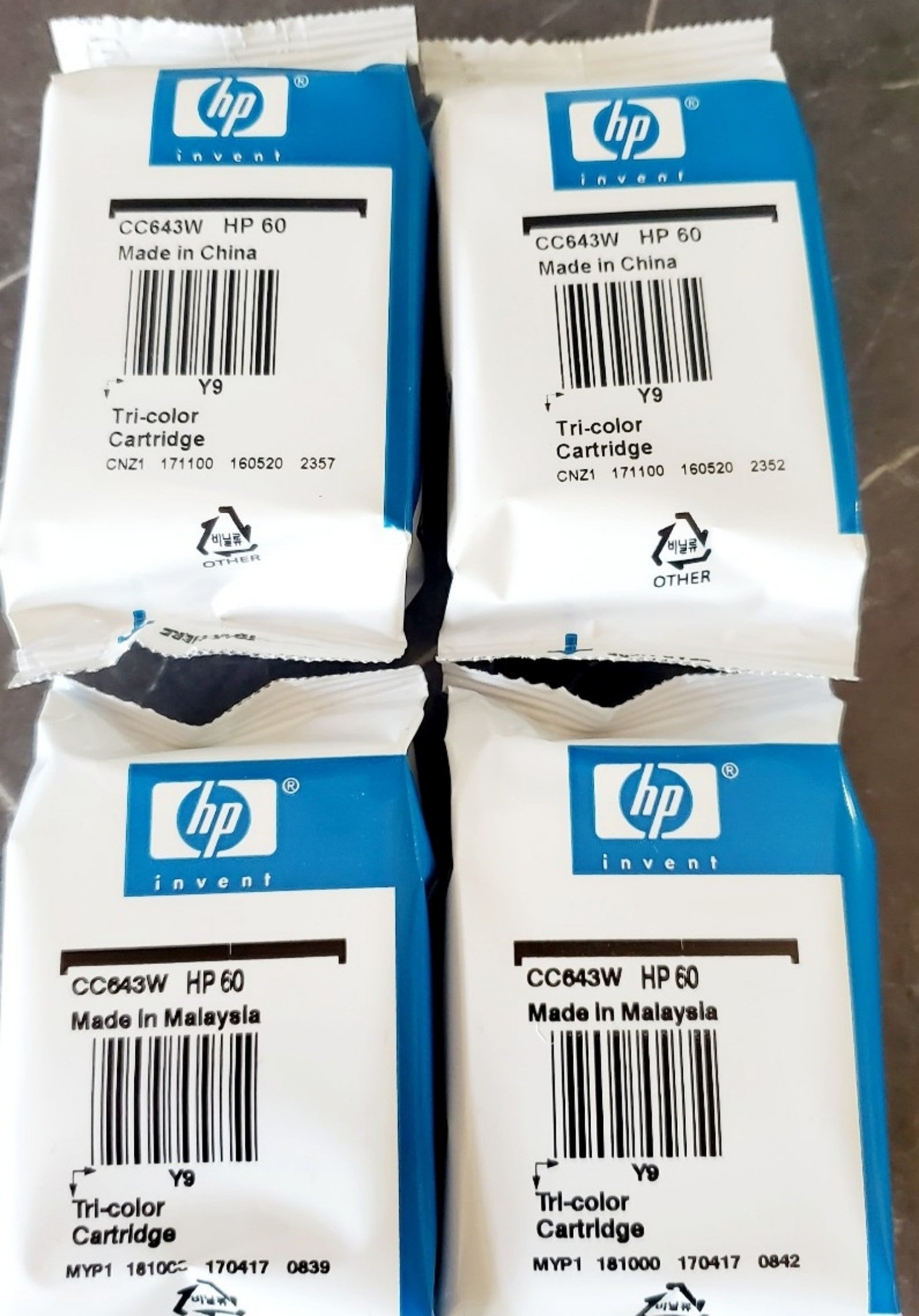 4 HP 60 Tri Color Ink Cartridges