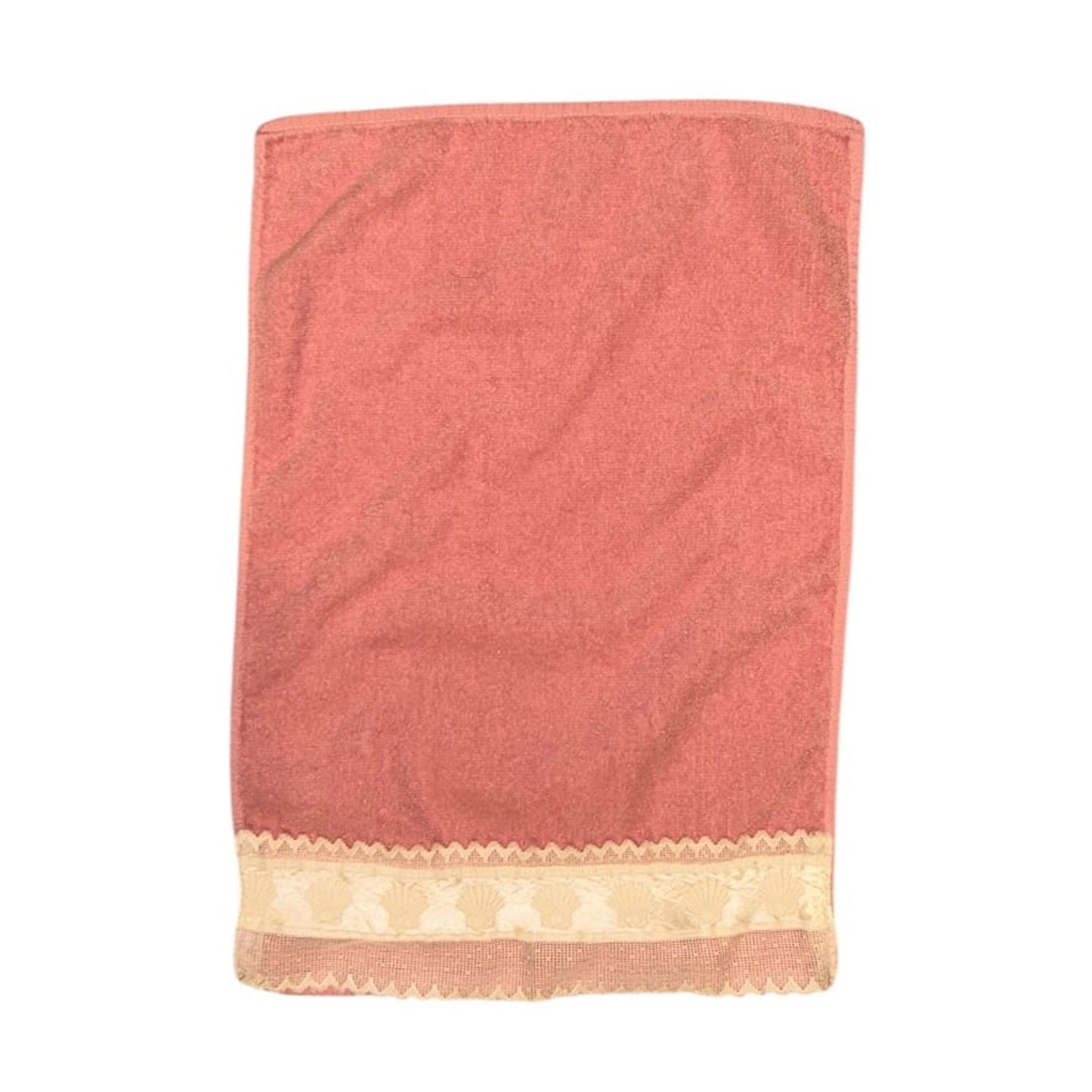 VINTAGE Cannon Bathroom Hand Towel • Pink Cream Seashell Lace • 100% Cotton