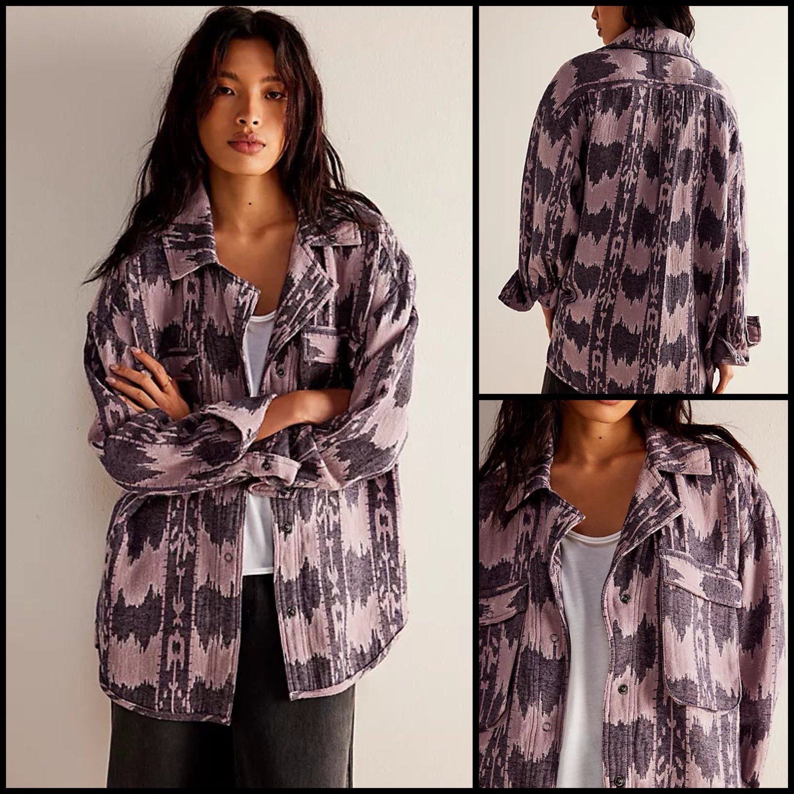 Free People We The Free Izzie Cargo Jacquard Shacket in Purple Boho Combo Size M