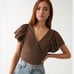 Free people can’t get enough brown linen blend wrap crop top puff sleeves sz M