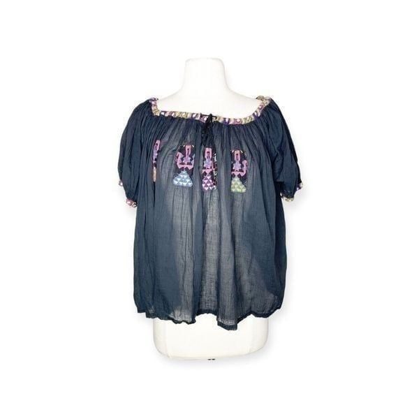 Vintage 80s S/M Black Cotton Gauze Top Peasant Puff Sleeve Flowy Blouse Aztec
