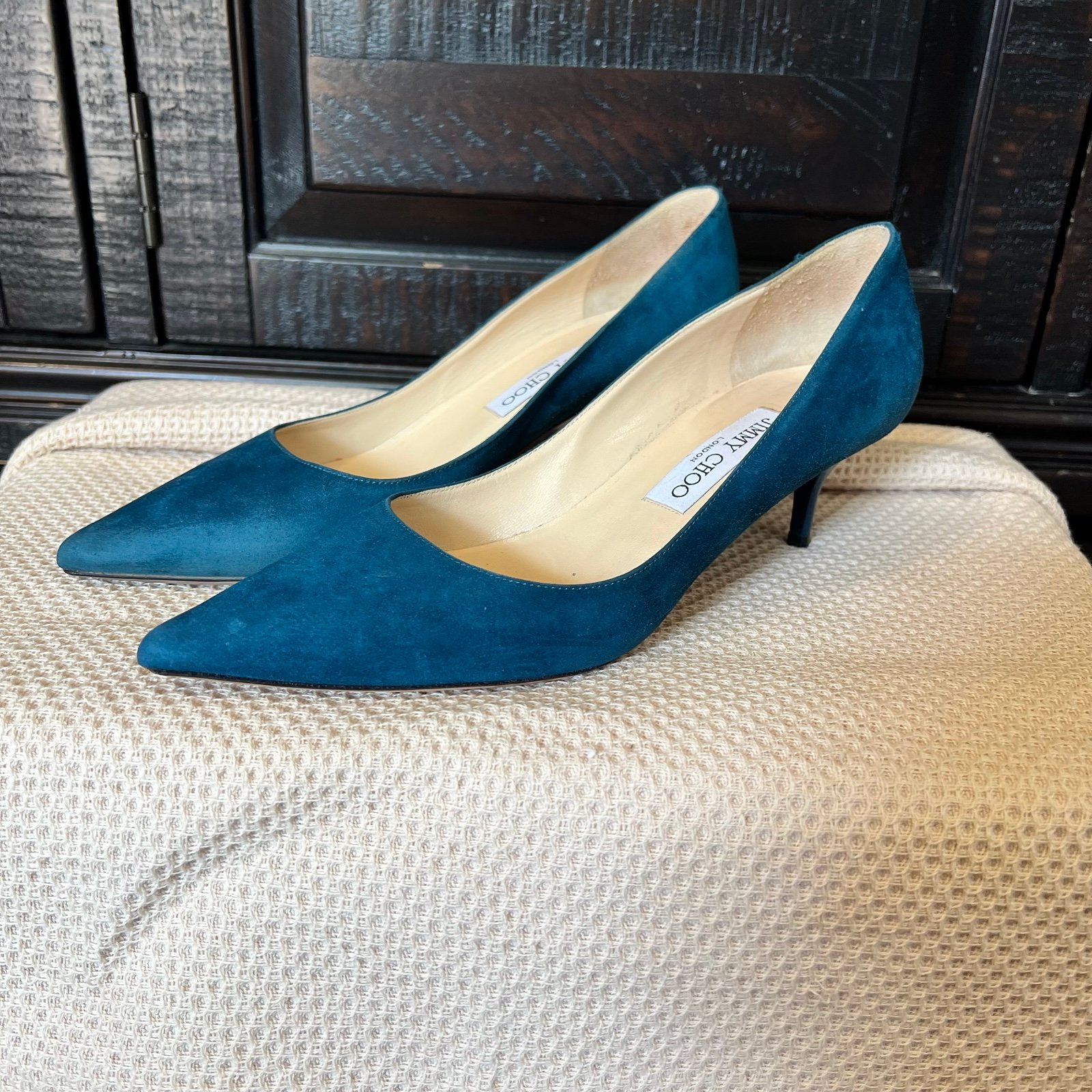 Jimmy Choo Amelia Suede Kitten Heel Pumps Women Size 38-US-8Teal Green Designer