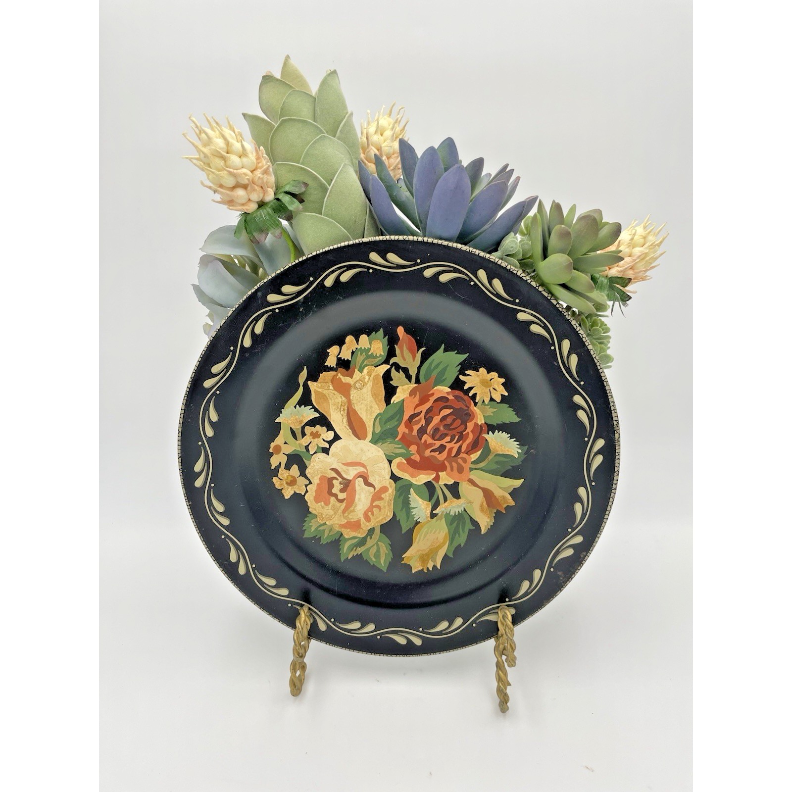 Vintage Toleware Plate Black Wall Pocket Hand Paint Roses w/Succulent Florals