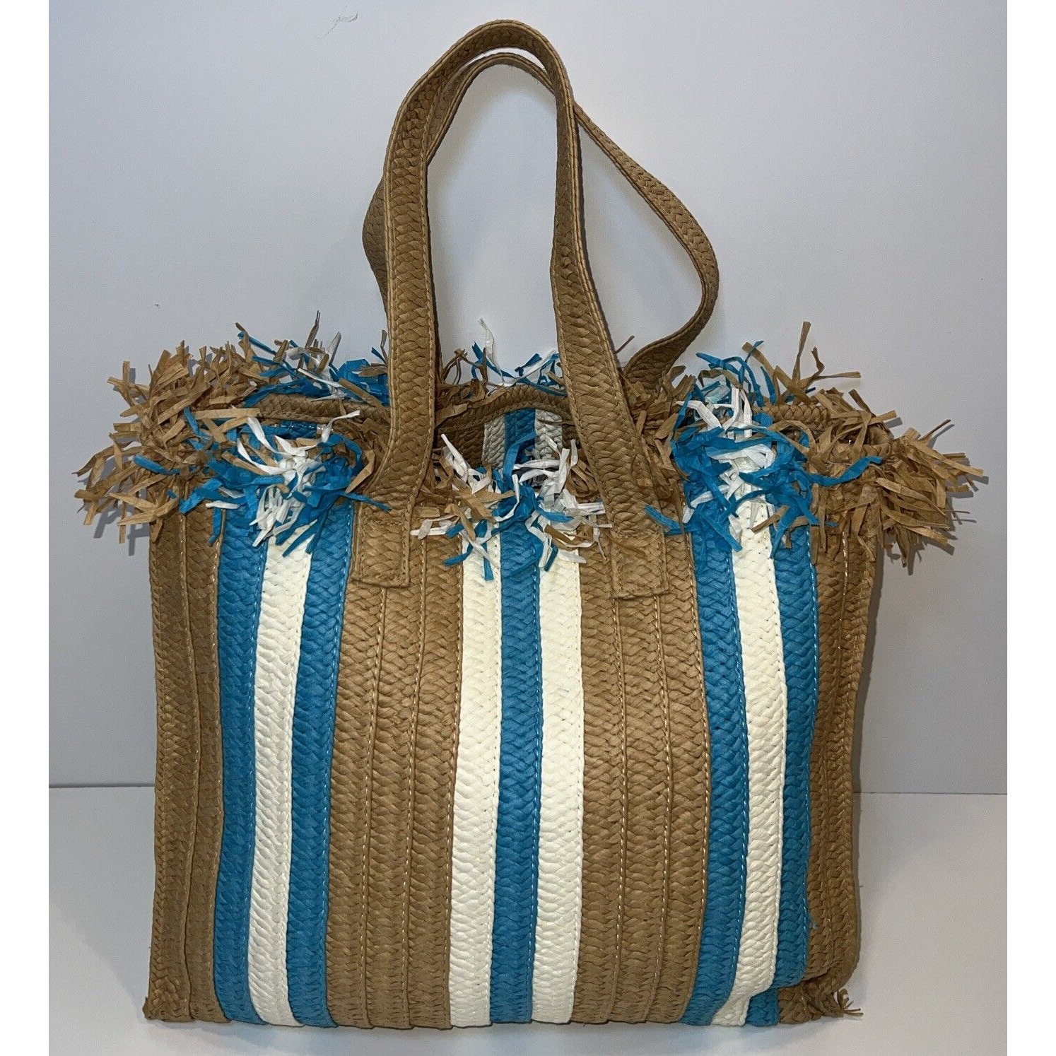 BTB Los Angeles Woven Fringe Tote Blue Stripes Beach Bag Festival