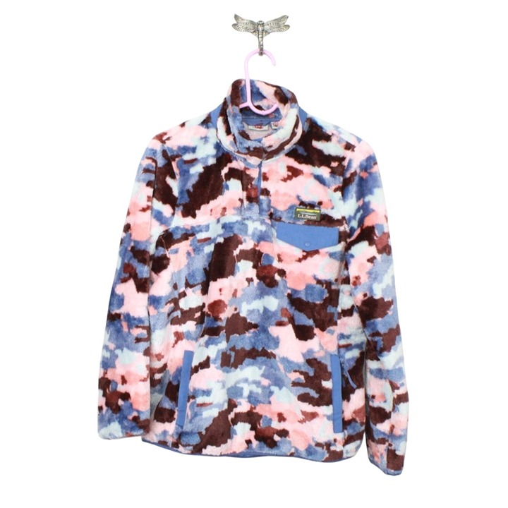 LL Bean Women's Hi Pile Fleece Pullover Camo Print Blue Size Small